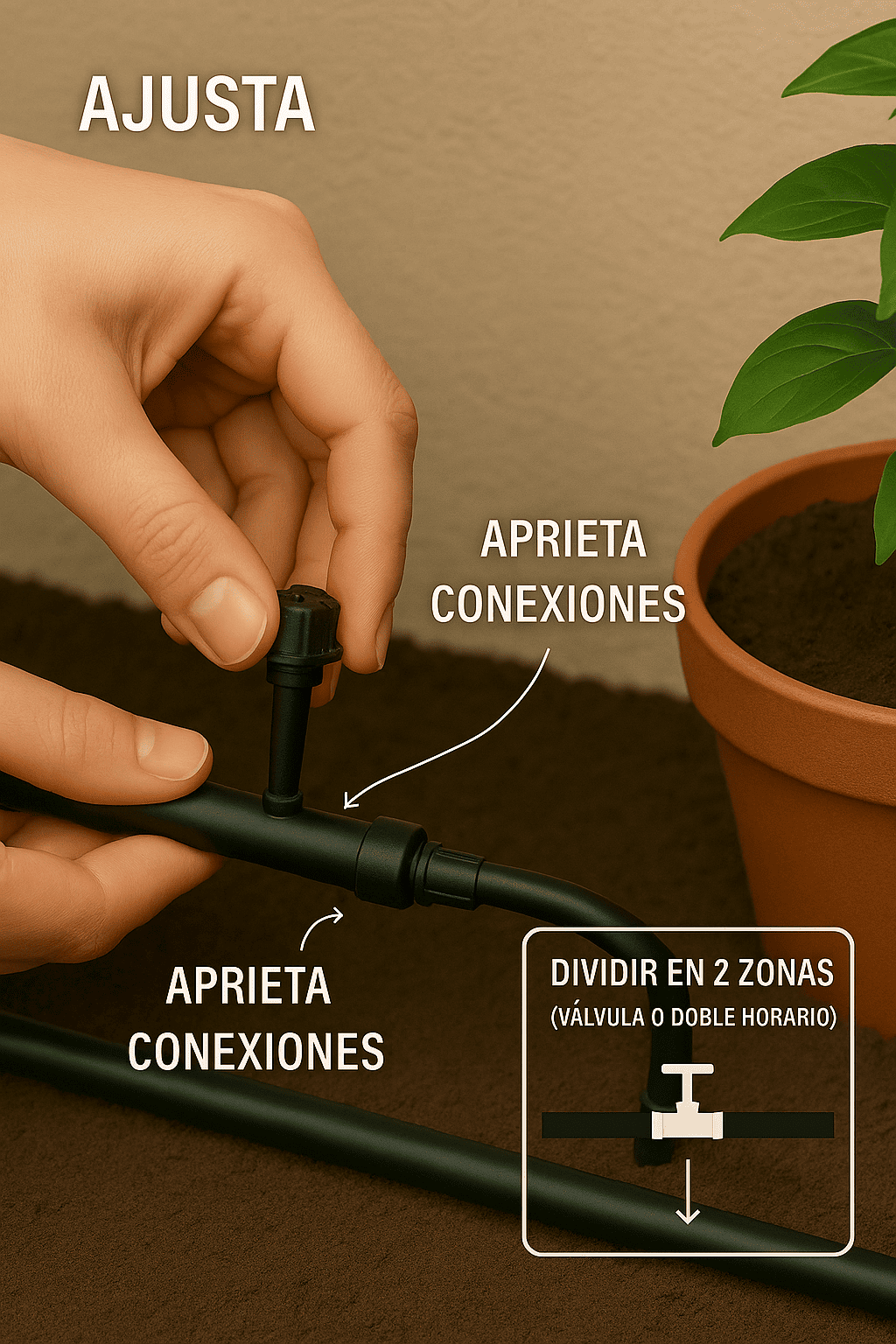 ajuste-conexiones-dos-zonas.jpg" alt="Ajuste de conexiones en riego por goteo: apretar conector y dividir la instalación en dos zonas